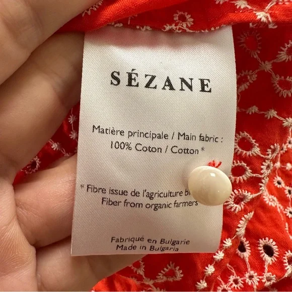 Sezane Antika Blouse Ecru On Coral 38 Fr US 6 Embroidered Button V-Neck Eyelet - Picture 4 of 11